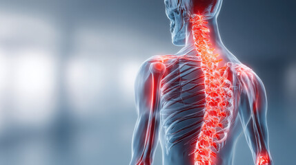 Human skeleton with focus spine highlighted red, indicating pain or inflammation. This visual representation is often used to depict conditions like tendinitis