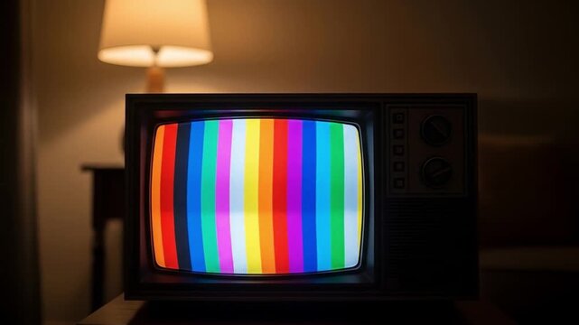 Retro CRT television displaying a vibrant technical difficulties test pattern, signaling a please stand by interruption for broadcast