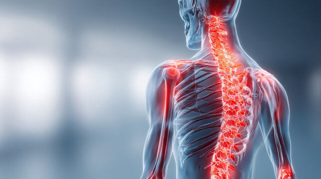 Human skeleton with focus spine highlighted red, indicating pain or inflammation. This visual representation is often used to depict conditions like tendinitis