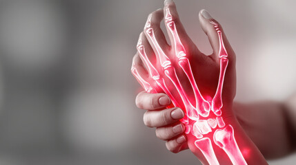 Hand experiencing tendinitis is highlighted in red, indicating point of pain in joints and tendons. image illustrates discomfort associated with this condition