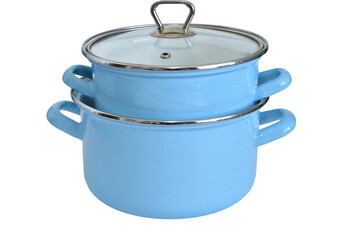 Two blue enamel pots on a white background.