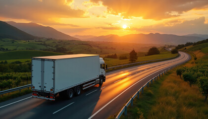 White cargo truck drives on winding european road through green hills at sunset. Golden hour light reflects on wet asphalt. Scenic landscape with mountains and rolling fields.