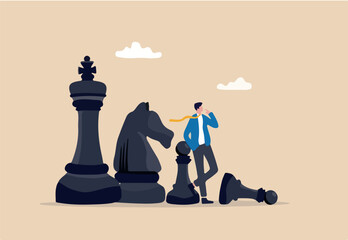 Strategic thinking to win business competition, marketing strategy or planning to make decisions, challenge or problem solving concept, contemplation businessman thinking with chess pieces.