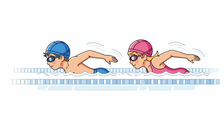 Two swimmers are swimming in the pool one boy and one girl wearing swimming caps and goggles.