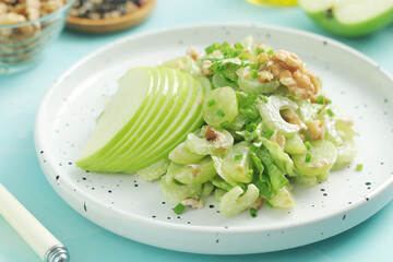 A plate with Waldorf salad, traditional American