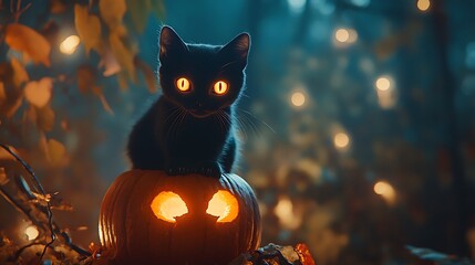 Naklejka premium Black cat sitting on a pumpkin with glowing eyes