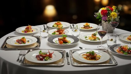 A round table setting displaying multiple gourmet plates of food with garnishes, wine glasses, water glasses, and a flower arrangement, all atop a white tablecloth