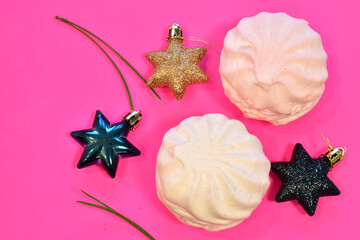 Merry Christmas greeting card with images of Christmas tree decorations, glass balls, stars and sweets.