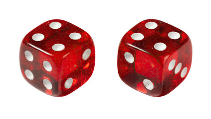 Close-up of two red dice, translucent, with white pips