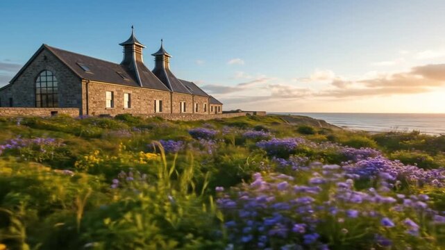 Stone distillery building with vibrant wildflowers and coastal sunset, perfect for travel ads