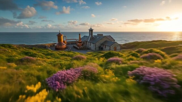 Coastal distillery with copper stills at sunset, showcasing craft spirit production at its finest
