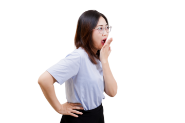 Asian young beautiful woman appears surprised or shocked, with her hand on her hip and covering her mouth as she expresses her reaction.