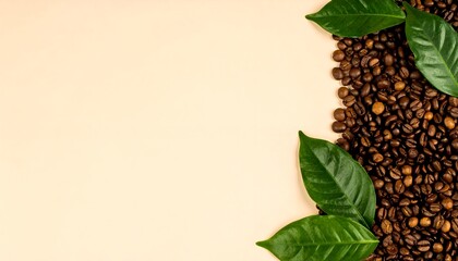 Rich roasted coffee beans and fresh green leaves create a natural border. This organic top-view flat lay offers ample copy space for your design, menu, or website banner.