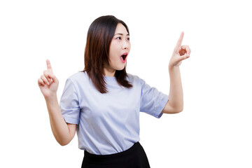 Asian young beautiful woman in a light blue shirt enthusiastically gestures with both hands,...