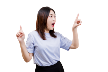 Asian young beautiful woman in a light blue shirt enthusiastically gestures with both hands, expressing excitement and engagement.