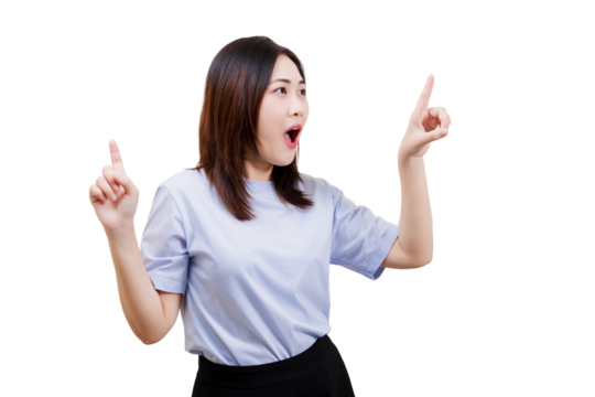 Asian young beautiful woman in a light blue shirt enthusiastically gestures with both hands, expressing excitement and engagement.