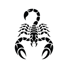 Stylized black scorpion silhouette with detailed claws and tail