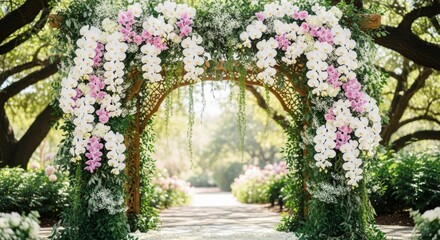 Fototapeta premium A beautiful garden archway adorned with white and pink orchids and lush green foliage, leading to a sunlit path.