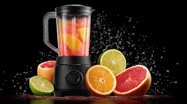 Blender with fresh fruit, water splash