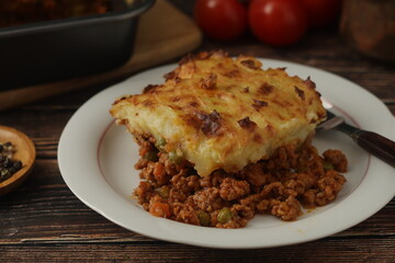 A shepherd's pie, freshly backed and ready to be served. Traditional English dish	