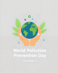 Stylized Illustration of Hands Holding Globe with Icons for World Pollution Prevention Day – December 2