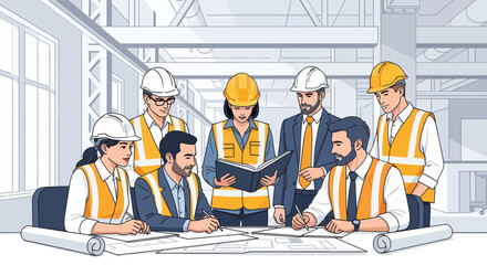 Construction team conferring over blueprints in a modern industrial setting.