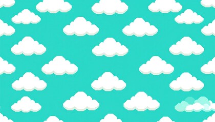 A pixelated sky pattern features numerous white clouds against a vibrant teal background, creating a cheerful and playful design.