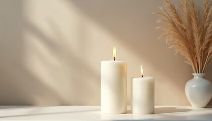 Two white candles with flames creating warm light. Minimalist home decor design with a vase. Ideal for meditation, relaxation, cozy atmosphere, spa, zen lifestyle, peace, calmness concept.