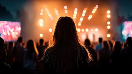 Female silhouette on stage with concert lighting, dramatic atmosphere for event poster or music blog