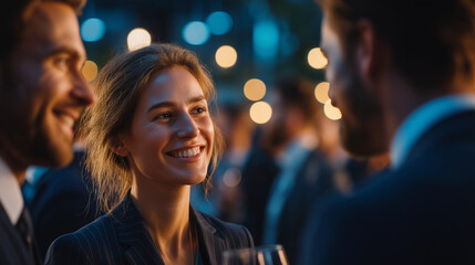 Cordial Conversations: Captivating image of three individuals engrossed in a dynamic business discussion during an evening outdoor event, embodying the essence of networking and professional rapport.