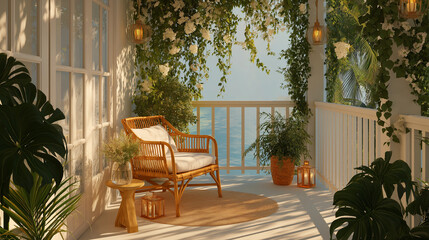 Serene Veranda Scene: A charming veranda invites tranquility, adorned with a rattan chair and verdant plants, offering a serene view of the boundless sea.