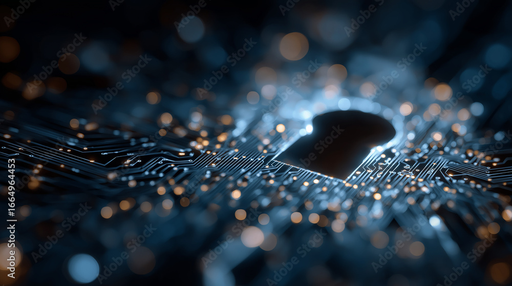 Poster secure gateway: a mesmerizing close-up unveils a circuit board illuminated with digital streams and 