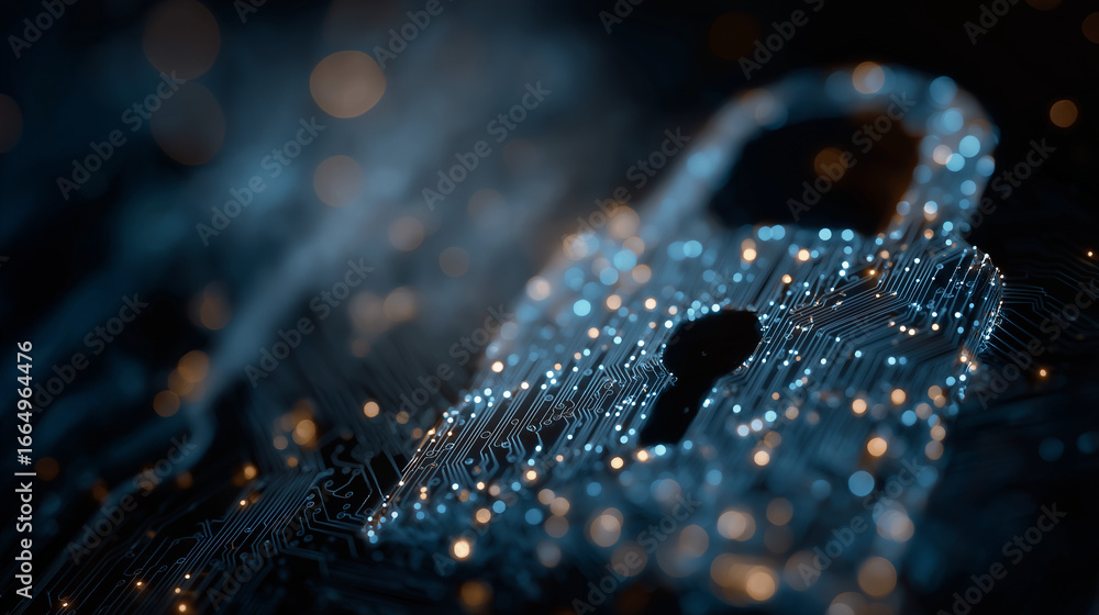 Poster digital fortress: a close-up view of a digital padlock illuminates, symbolizing cybersecurity and da