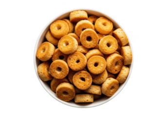 Overhead view of white bowl filled with golden brown mini bagel chips snack food image