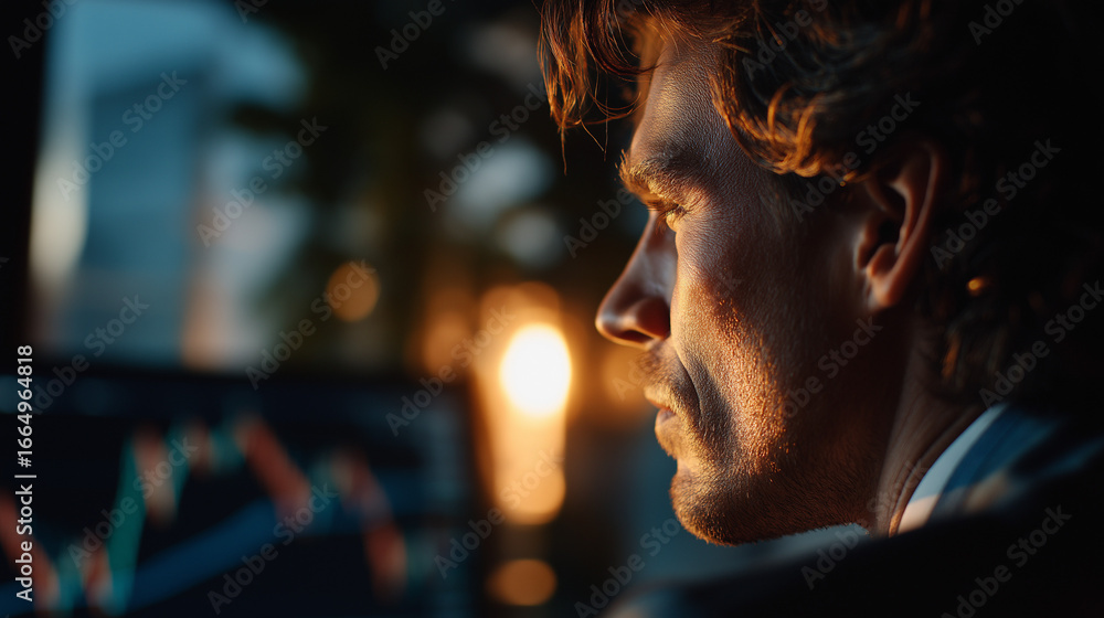 Poster focused determination: a close-up shot captures a man engrossed in analyzing financial data on a mon