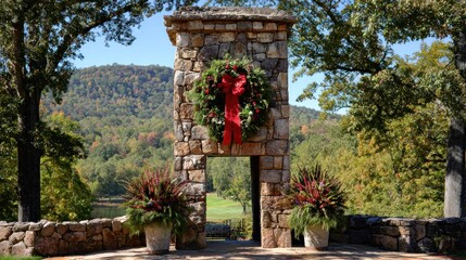 Stone archway, holiday wreath, autumnal view