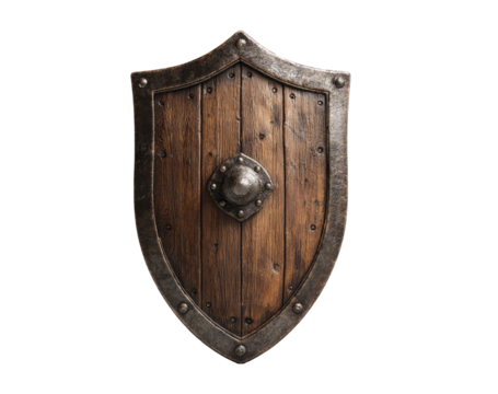 Wooden shield with metal trim.  Dark brown wood,  metal  border,  protective