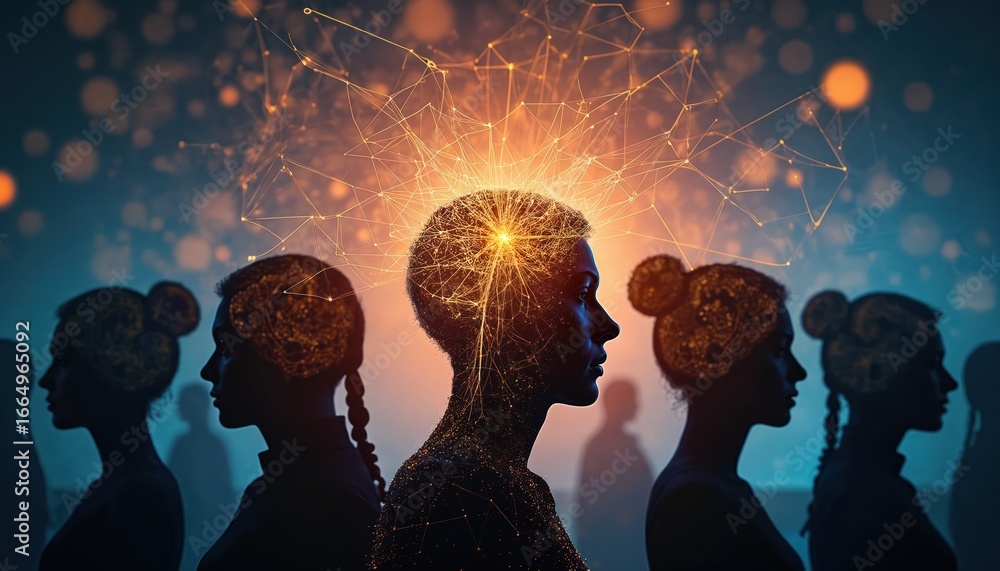 Poster group of people connected in a line with unique styles. woman in center shines with warm orange glow