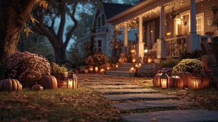 Obraz premium Cozy autumn front yard decorated with pumpkins, lanterns, and fallen leaves at twilight
