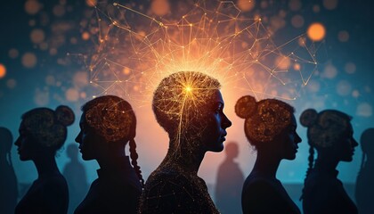 Group of people connected in a line with unique styles. Woman in center shines with warm orange glow on face. Blue gradient background with dark to light transition. White border frames digital art.