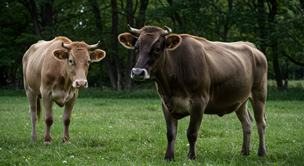 Fototapeta premium Brown cow grazing on green grass field