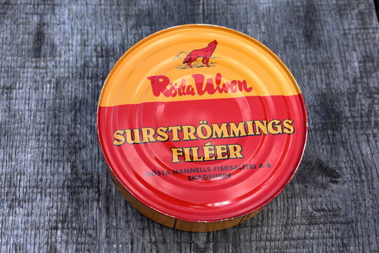 A can of sour herring called surstr&ouml;mming. From R&ouml;da Ulven. Swedish fermented fish with heavy odor.