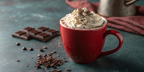A red mug filled with hot chocolate and topped with whipped cream and chocolate shavings