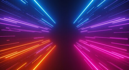 Abstract tunnel of vibrant neon lights radiating outwards, forming a dynamic visual effect.