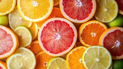 Obraz premium A vibrant assortment of citrus fruits, including oranges, lemons, and limes, beautifully arranged, showcasing their bright colors and textures.