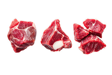 Three chunks of raw beef, close-up, isolated on black