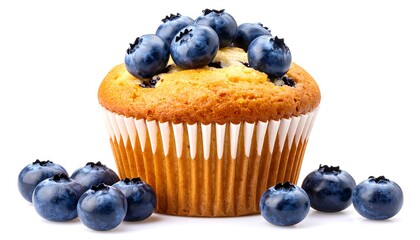 A golden-brown blueberry muffin, topped with fresh blueberries, sits on a white background, surrounded by more berries
