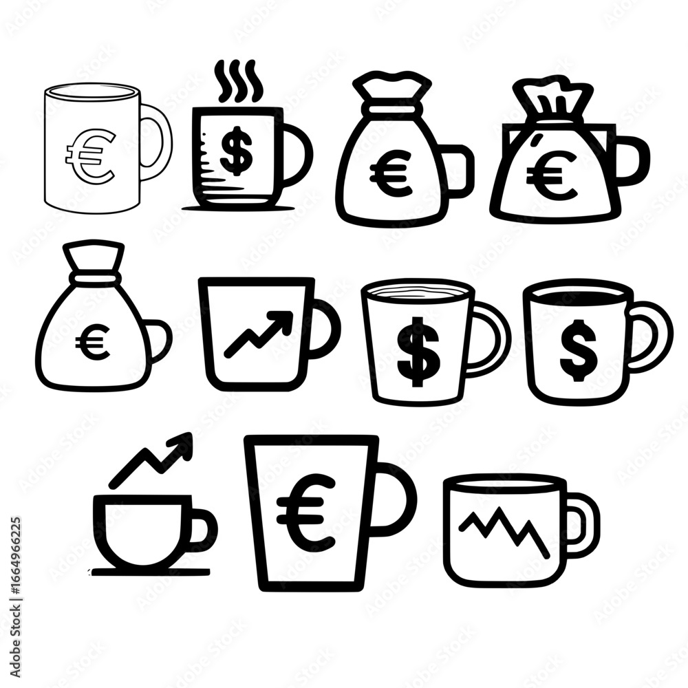 Poster set of mugs with financial icons and graph vector representing business success or data concept