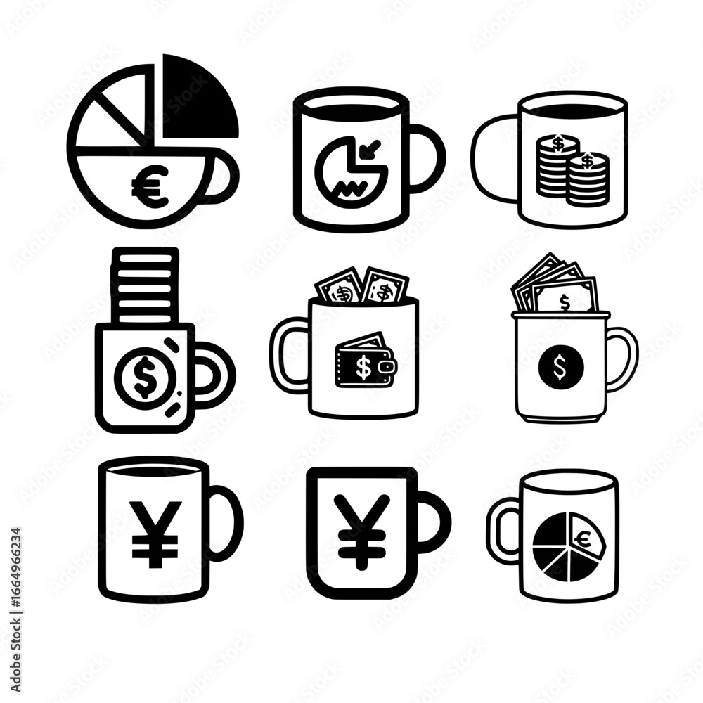 Poster set of mugs with financial icons and graph vector representing business success or data concept