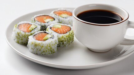 Sushi rolls with salmon & avocado served next to a cup of dark liquid